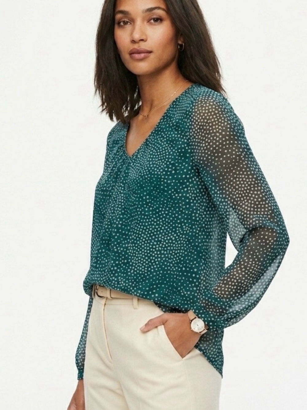Boden Aubrey Top 6 Green Polka Dot V-Neck Long-Sleeve Jersey Blouse Preppy